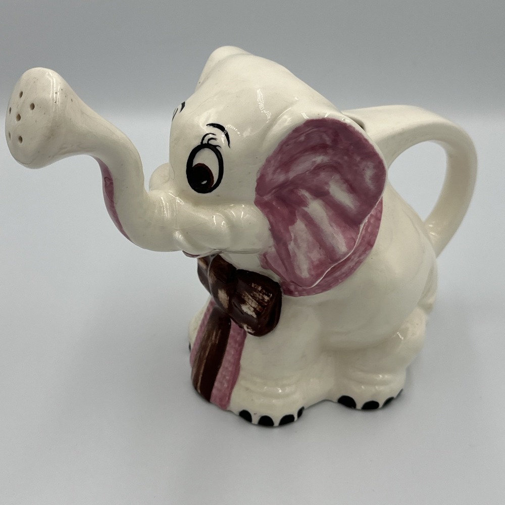 VTG Ceramic Elephant‎ Watering Pitcher Jug Planter Pink Bow Cute Sprinkler Spout